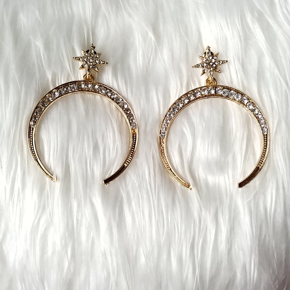 ❤NEW Gold Star & Moon Crystal Dangle Boho Earrings - Picture 3 of 13